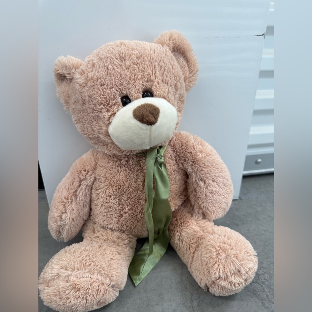 Plush Tan Teddy Bear with Green Ribbon